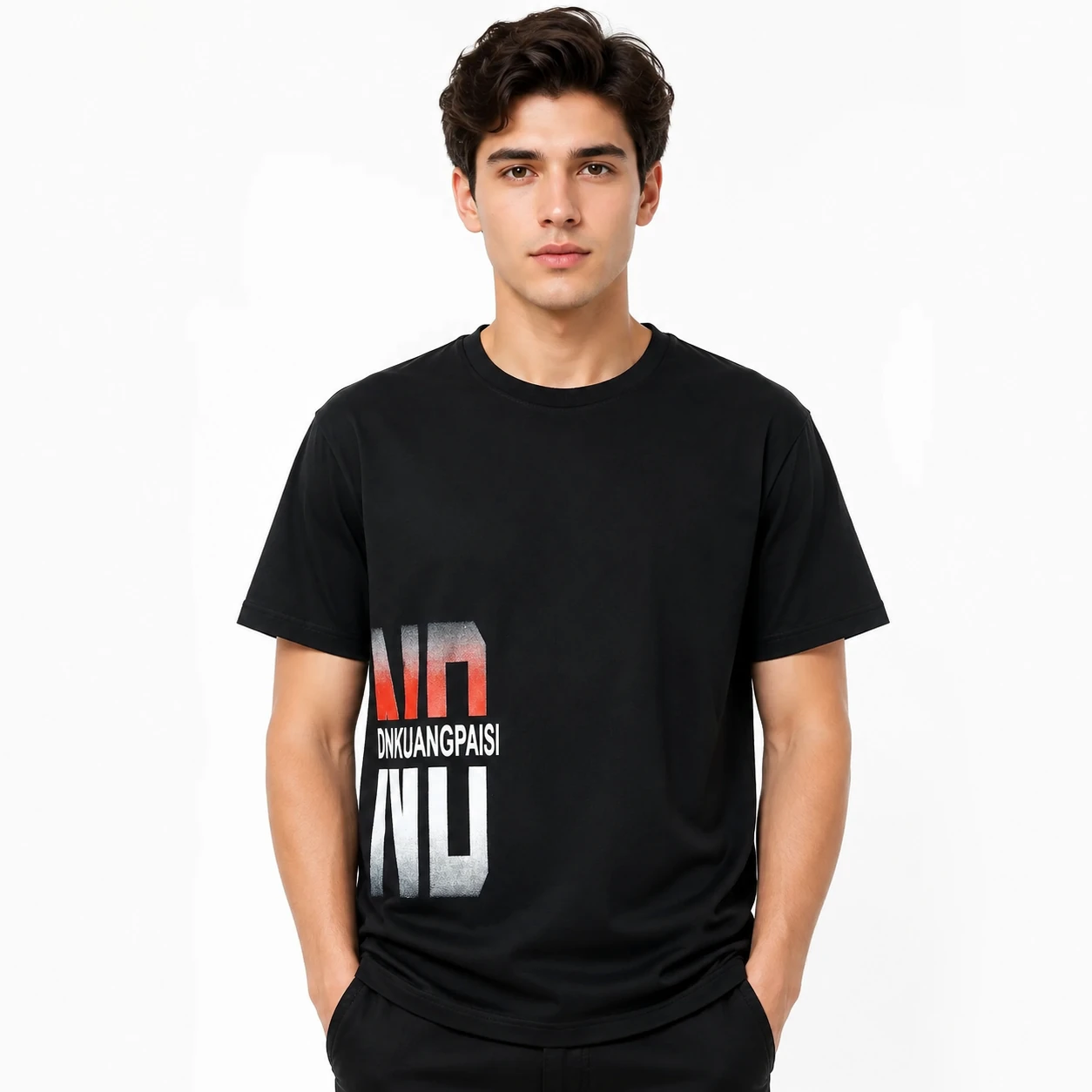 MS0006 تیشرت تک مردانه نخی مشکی طرح ND - Image 1