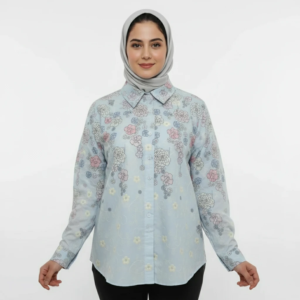 WD0003 شومیز خامه دوزی گلدار آبی وارداتی - Image 1