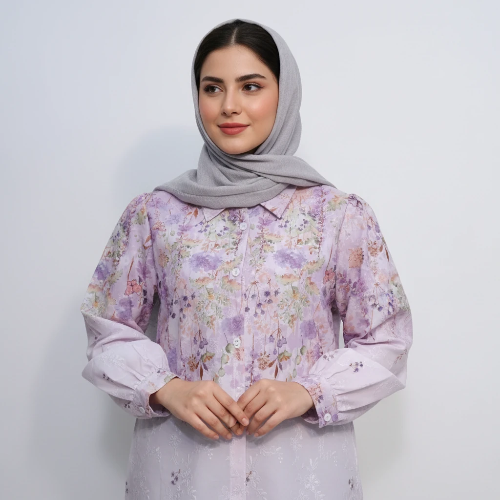 WD0006 شومیز خامه دوزی گلدار بنفش وارداتی - Image 1