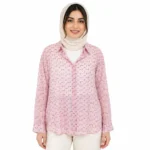 شومیز شاین شیشه ای دوتیکه کراپ دار (صورتی،طرح miumiu)وارداتی