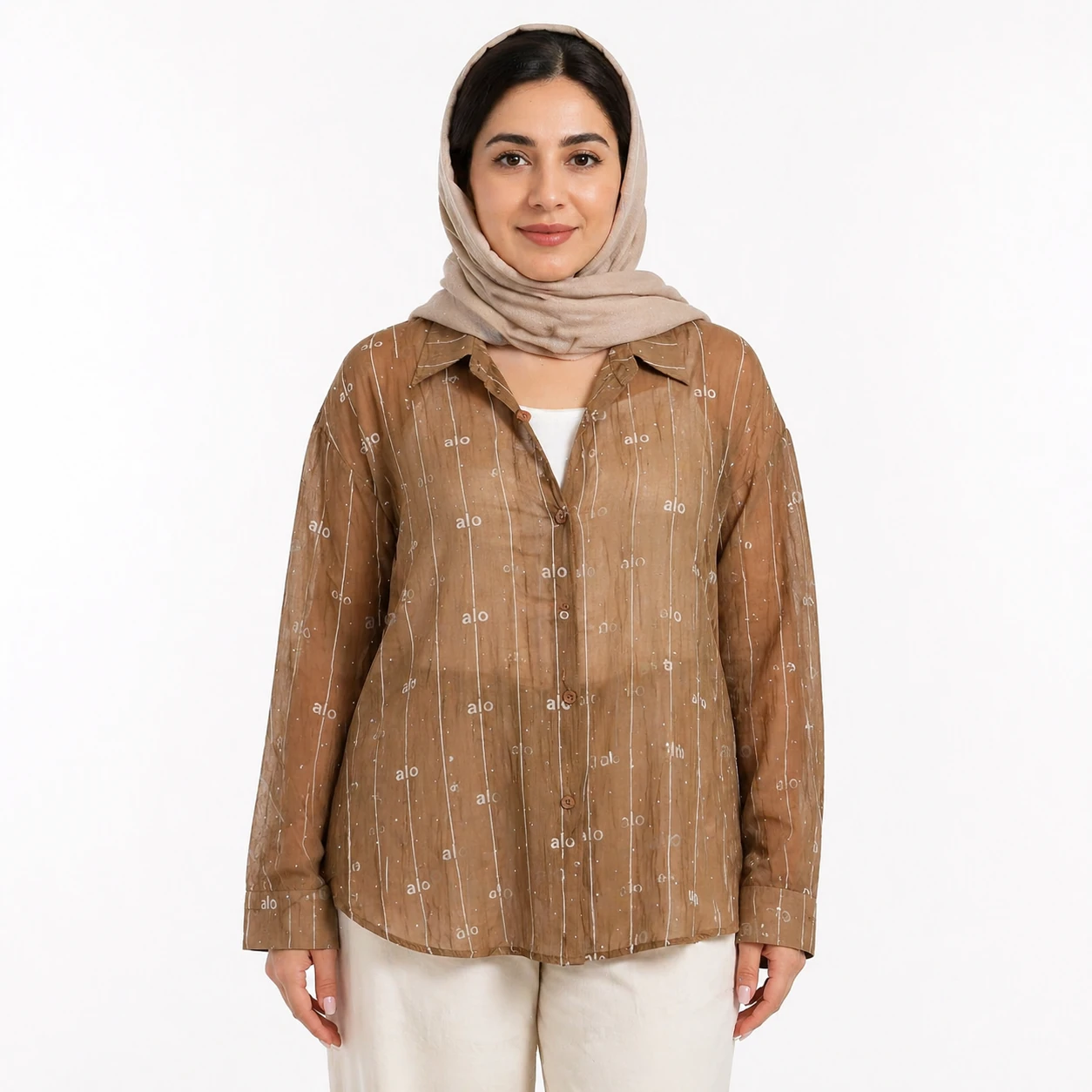 WD0013 شومیز شاین شیشه ای دوتیکه کراپ دار (شکلاتی،طرح alo)وارداتی - Image 1