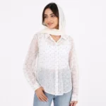 شومیز شاین شیشه ای دوتیکه کراپ دار (سفید،طرح miumiu)وارداتی