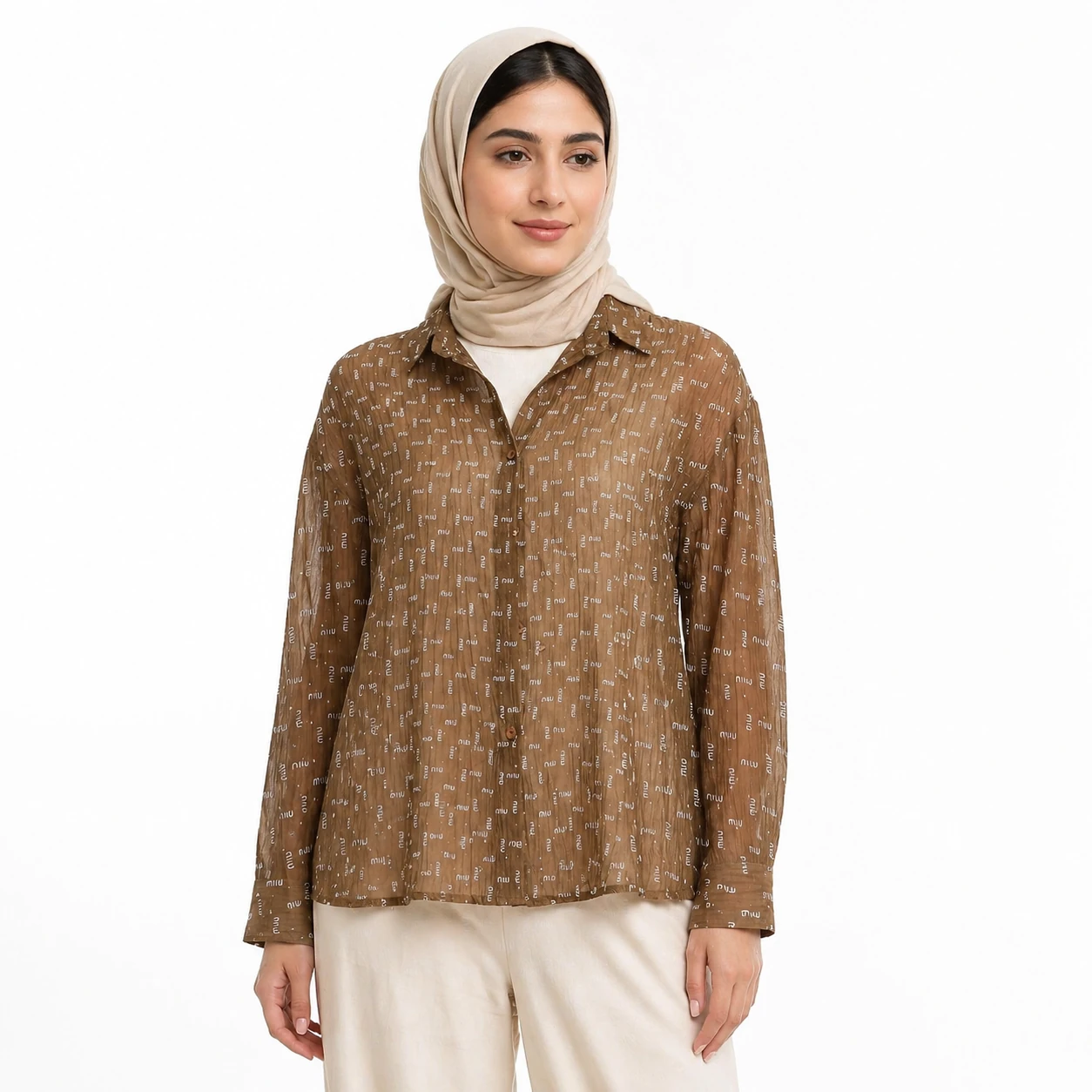 WD0015 شومیز شاین شیشه ای دوتیکه کراپ دار (شکلاتی،طرح miumiu)وارداتی - Image 1