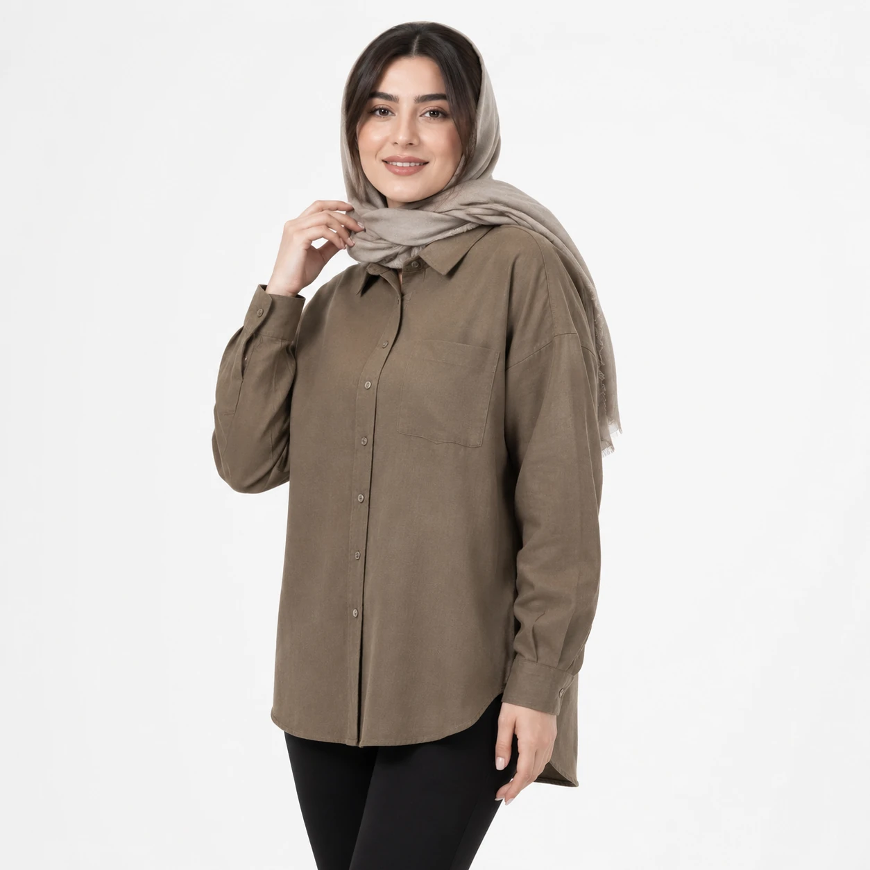 WD0044 مانتو نخی زنانه مدل رنگین کمان جیب دار آستین بلند موکا - Image 1