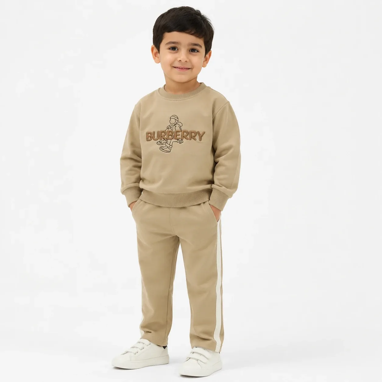 KB0054 بلوز شلوار بچگانه دورس دو نخ طرح BURBRRY کرمی - Image 1