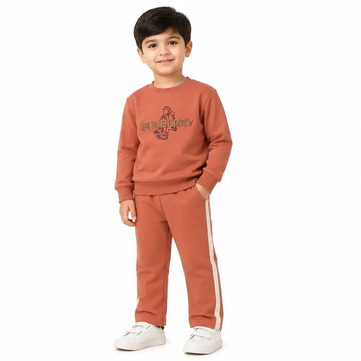 KB0056 بلوز شلوار بچگانه دورس دو نخ طرح BURBRRY آجری - Image 1